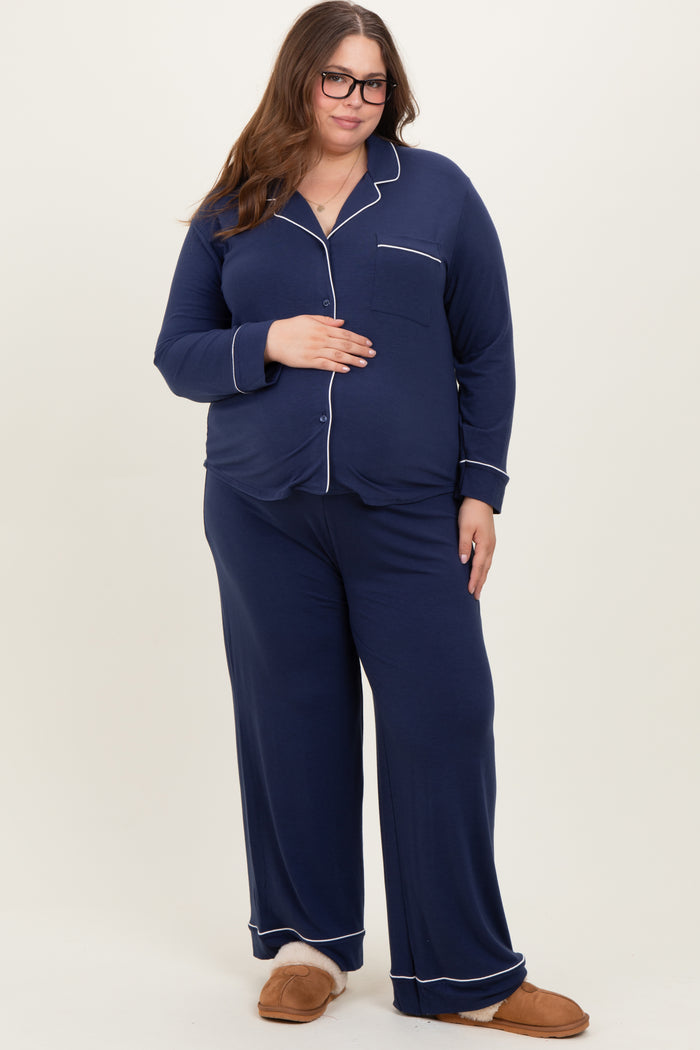 Navy Button Down Top Wide Leg Pant Maternity Plus Pajama Set