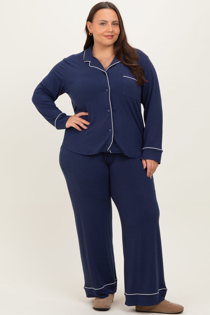 Navy Button Down Top Wide Leg Pant Plus Pajama Set