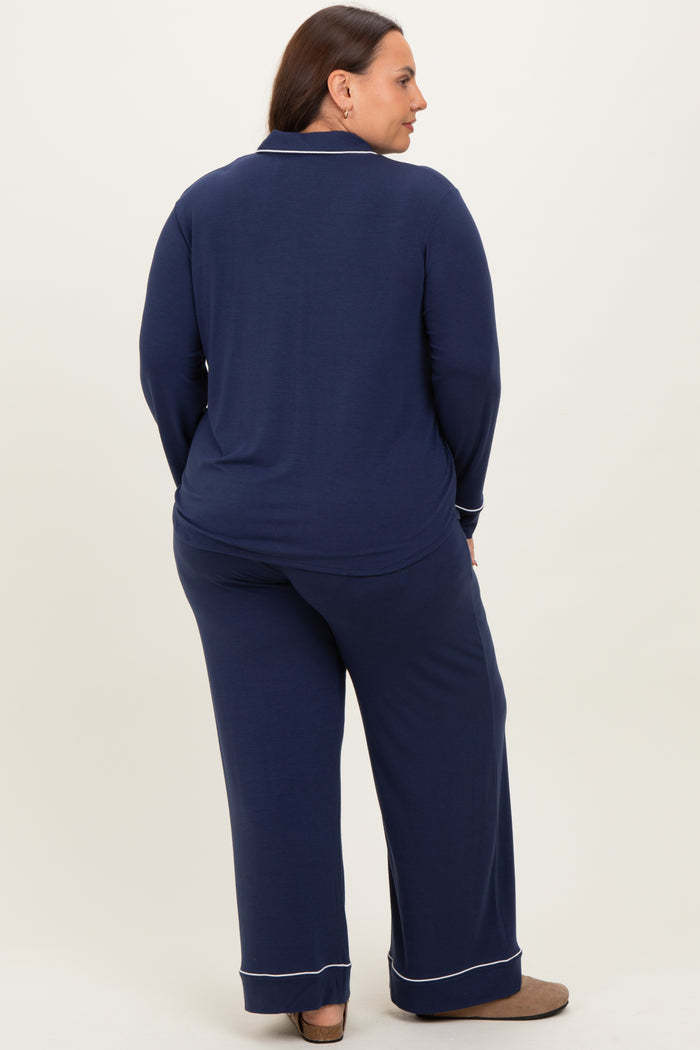 Navy Button Down Top Wide Leg Pant Plus Pajama Set
