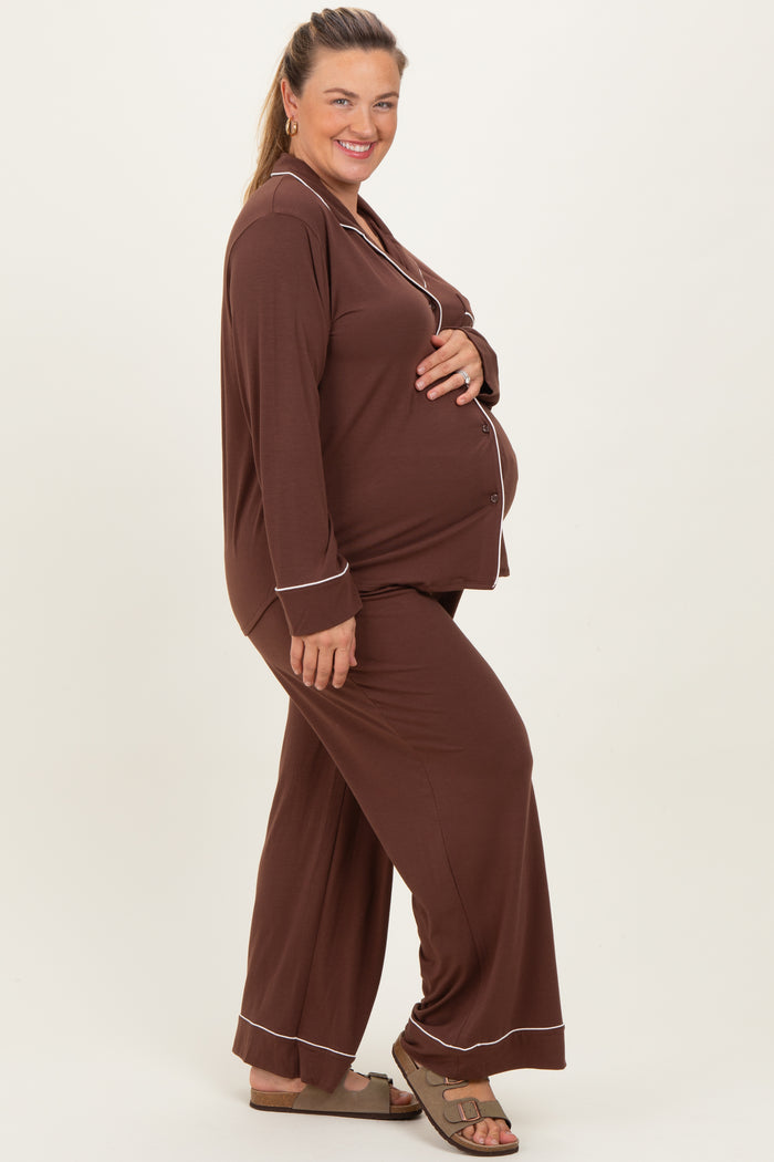 Brown Button Down Top Wide Leg Pant Maternity Plus Pajama Set