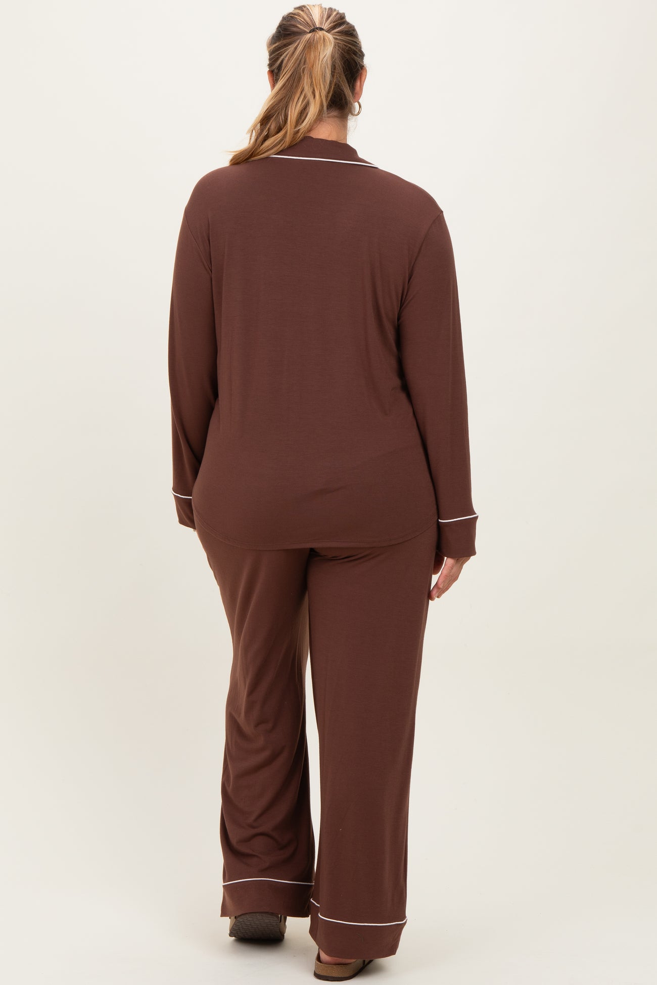 Brown Button Down Top Wide Leg Pant Maternity Plus Pajama Set
