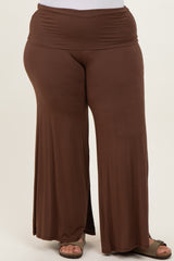 woman wearing brown wide-leg plus size pants with a comfortable waistband