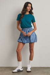 Teal Ribbed Short Sleeve Curved Hem Top