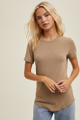 Mocha Ribbed Short Sleeve Curved Hem Maternity Top