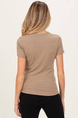 Mocha Ribbed Short Sleeve Curved Hem Maternity Top