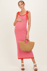 Pink Striped Knit Shoulder Tie Maternity Maxi Dress