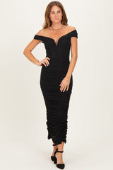 Black Glitter Ruched Off Shoulder Midi Dress