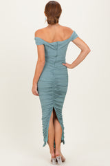 Light Olive Glitter Ruched Off Shoulder Midi Dress