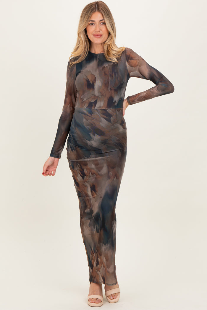 Brown Mesh Multicolor Brush Stroke Print Maternity Maxi Dress