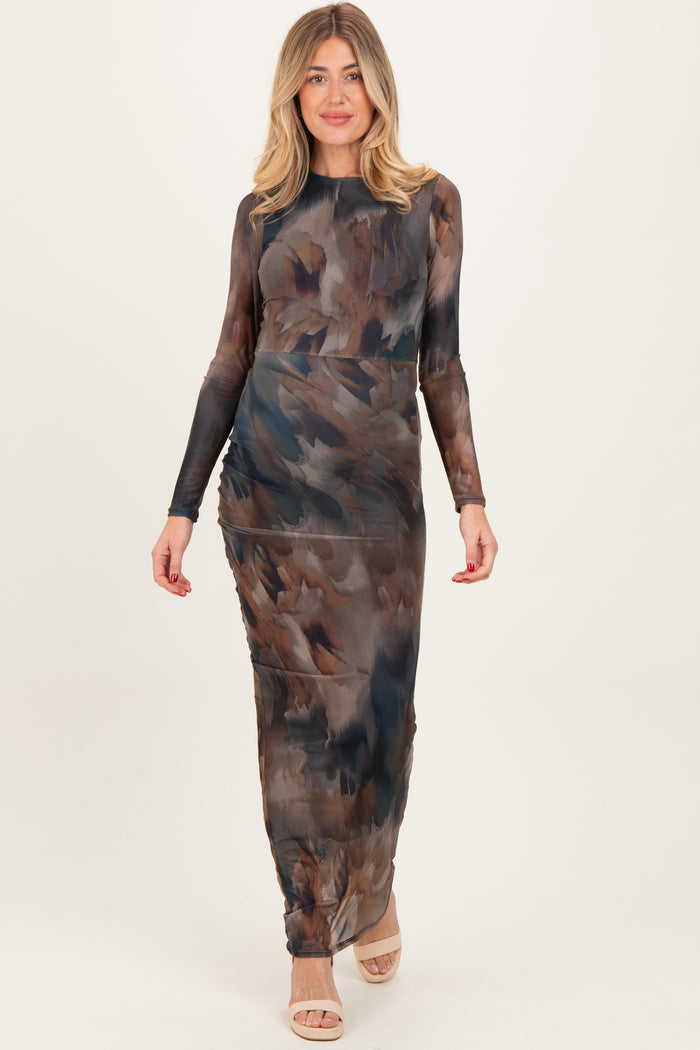 Brown Mesh Multicolor Brush Stroke Print Maternity Maxi Dress