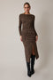 Brown Printed Ruched Side Slit Midi Dress