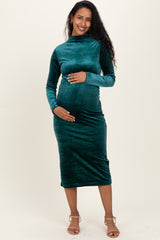 Forest Green Glitter Velvet Ruched Maternity Midi Dress