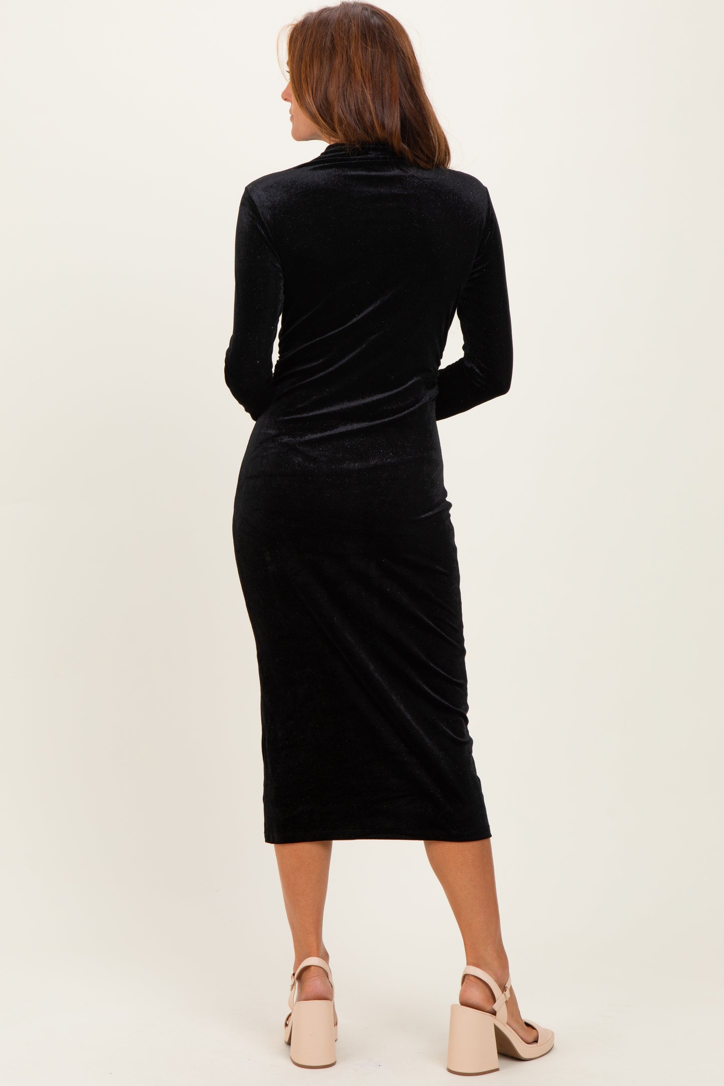 Black Glitter Velvet Ruched Midi Dress