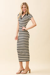 Ivory Striped Collared Midi Dress