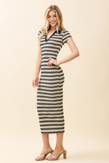 Ivory Striped Collared Midi Dress