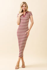 Burgundy Striped Collared Midi Dress