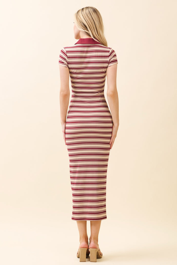Burgundy Striped Collared Midi Dress