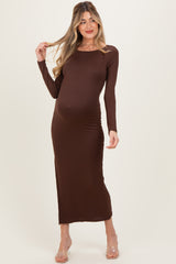 Brown Boat Neck Fitted Long Sleeve Side Slit Maternity Maxi