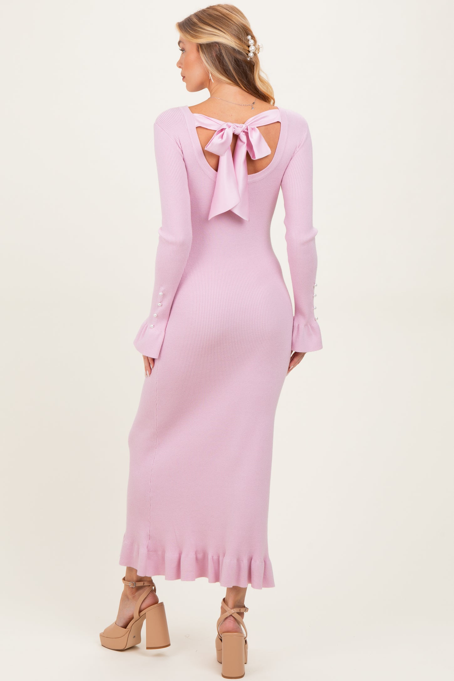 Light Pink Ribbed Knit Bow Back Maternity Maxi Dress