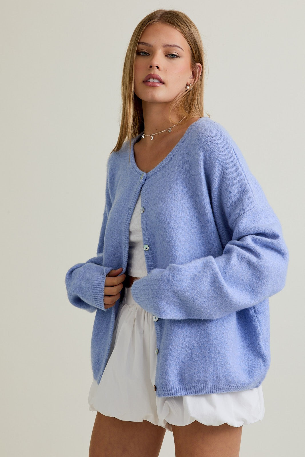Light Blue Classic Crew Neck Button Cardigan