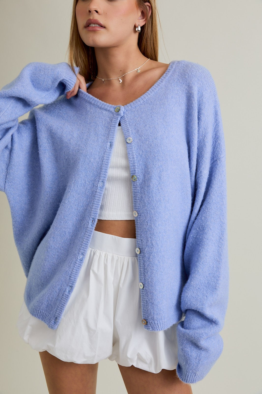 Light Blue Classic Crew Neck Button Cardigan
