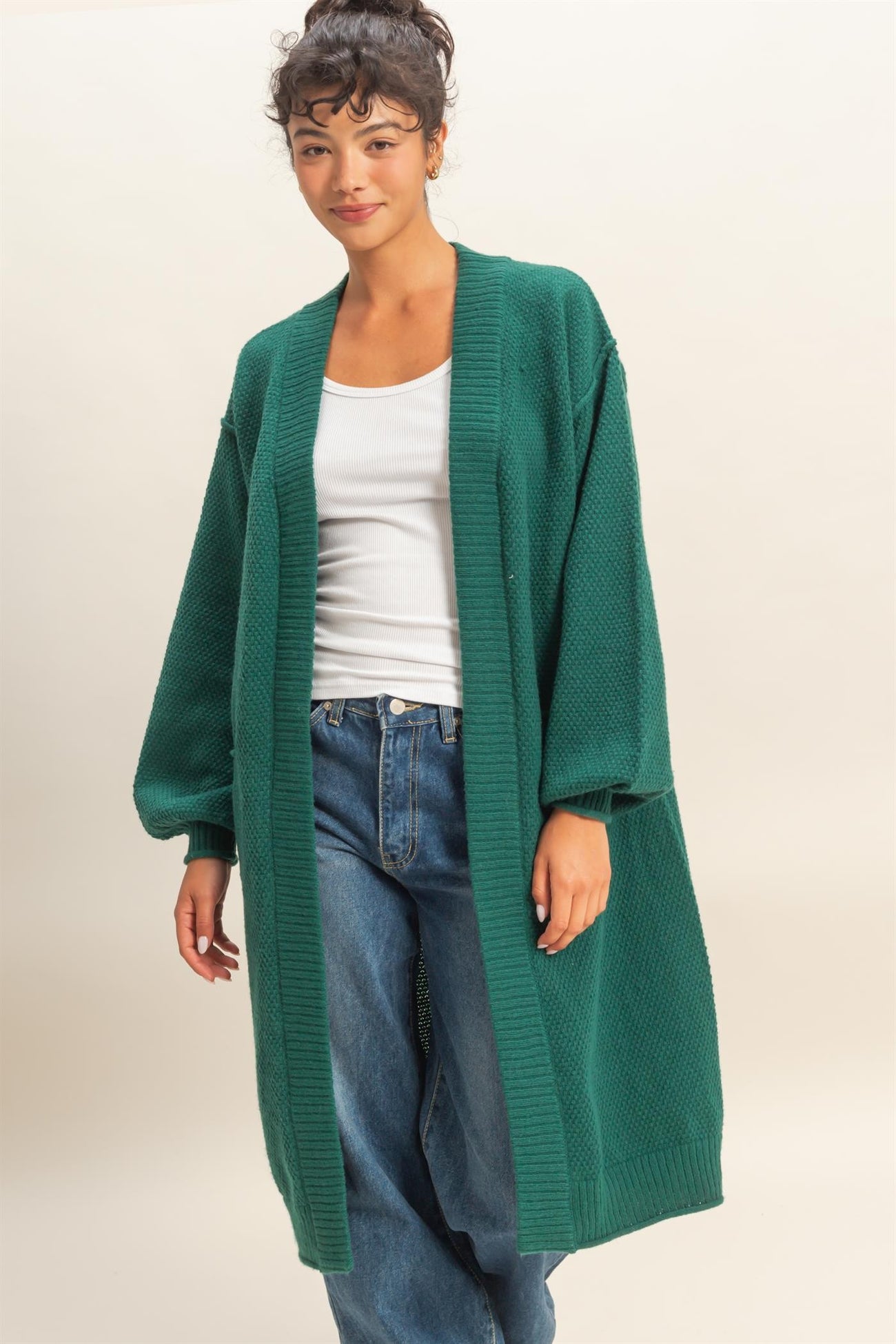Forest Green Oversized Waffle Knit Long Cardigan