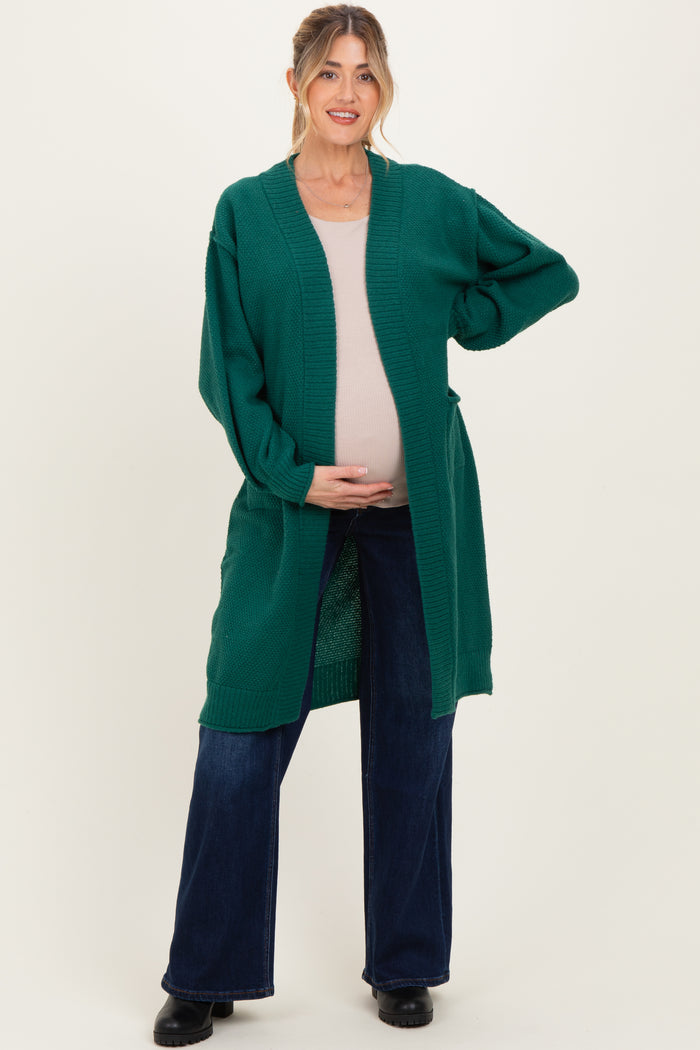 Forest Green Oversized Waffle Knit Long Maternity Cardigan