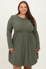 Olive Textured Rib Long Sleeve Plus Dress
