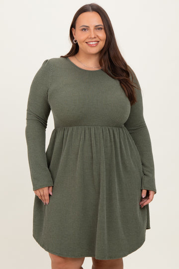 Olive Textured Rib Long Sleeve Plus Dress