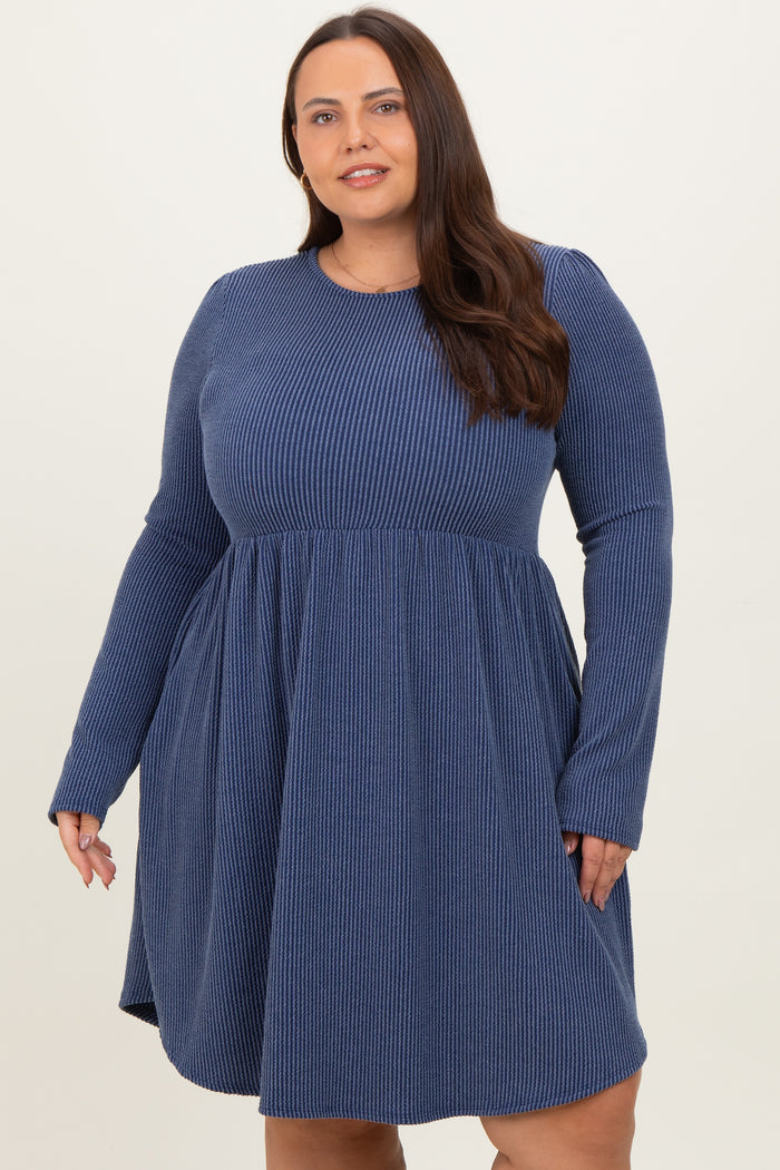 Navy Textured Rib Long Sleeve Plus Dress