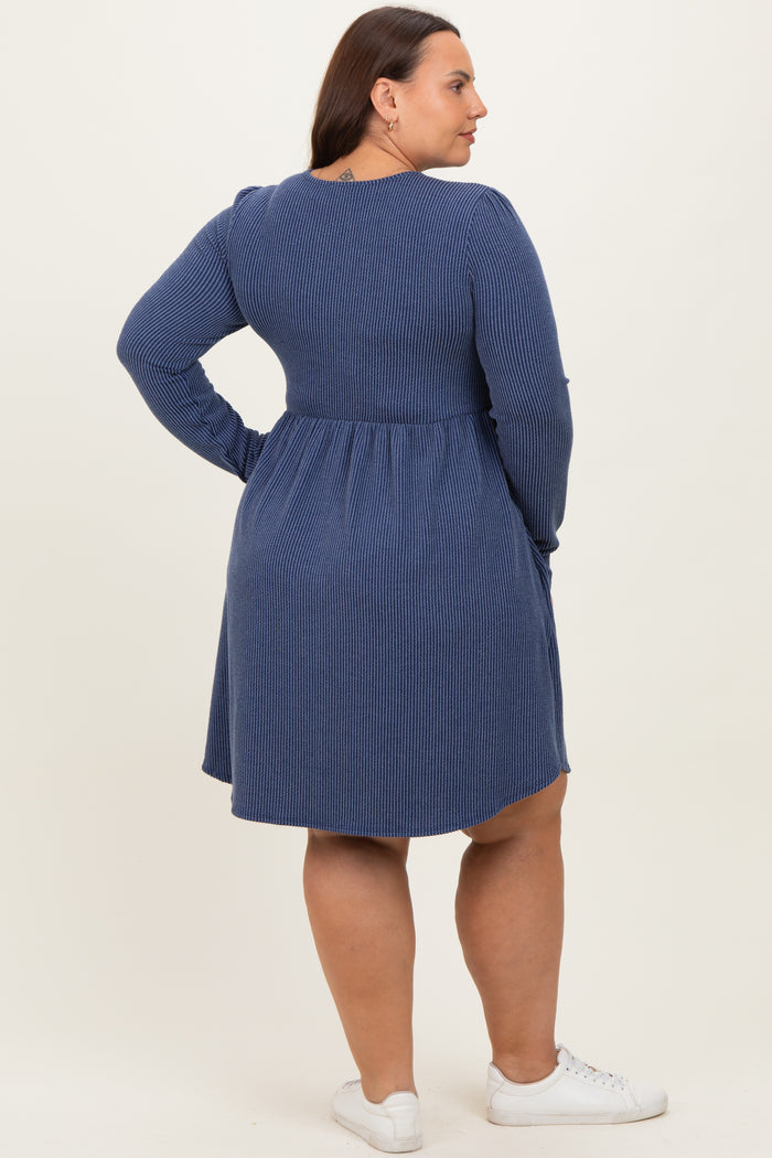 Navy Textured Rib Long Sleeve Plus Dress