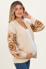 Beige Crochet Detail Sleeve Maternity Cardigan