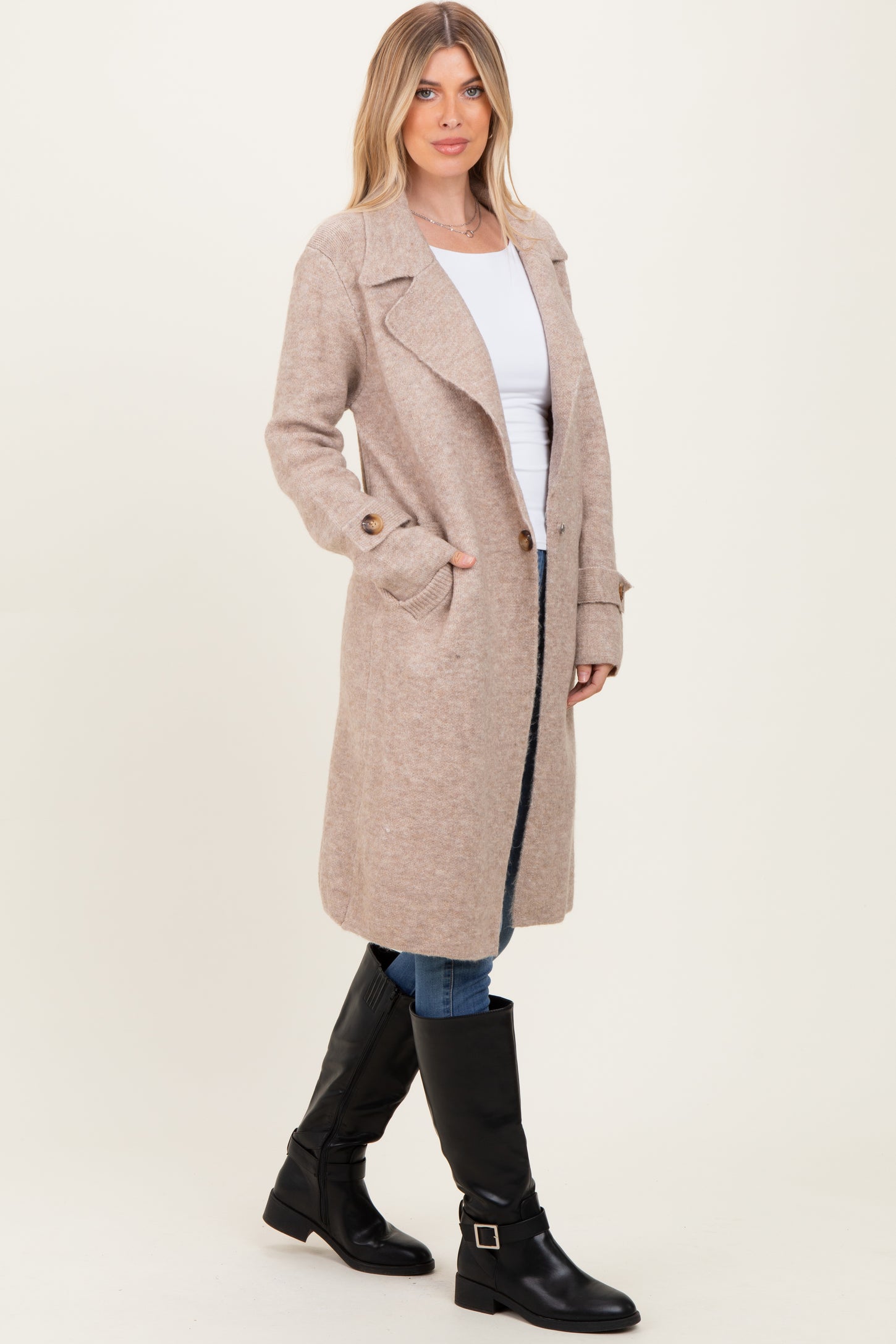 Beige Knit Long Sweater Coat