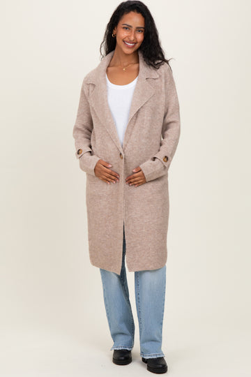 Beige Knit Long Maternity Sweater Coat