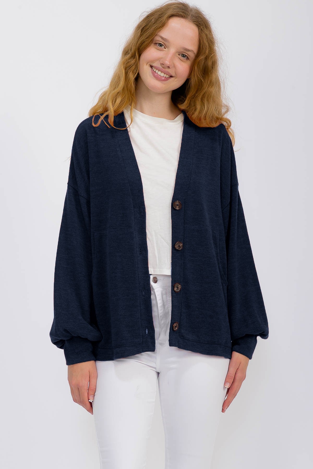 Navy Knit Button Front Maternity Cardigan