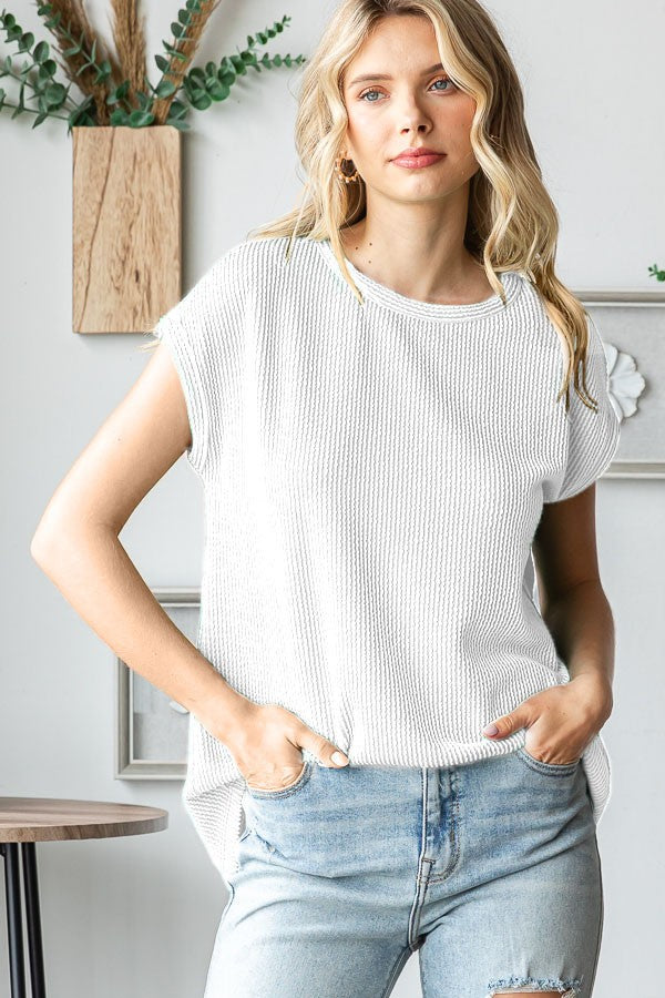 Ivory Textured Rib Short Sleeve Top