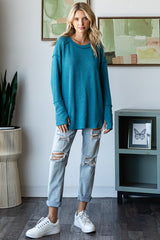 Teal Textured Rib Thumb Hole Long Sleeve Top
