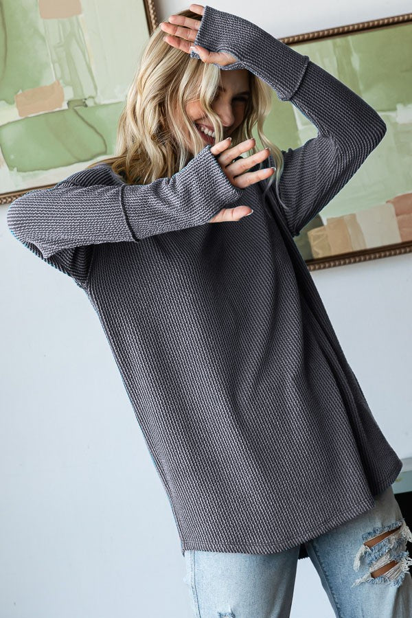 Charcoal Textured Rib Thumb Hole Maternity Long Sleeve Top