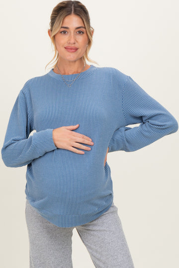 Dusty Blue Textured Rib Crew Neck Maternity Long Sleeve