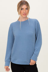 Dusty Blue Textured Rib Crew Neck Long Sleeve