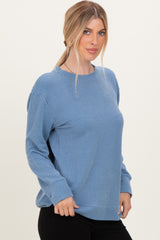 Dusty Blue Textured Rib Crew Neck Long Sleeve