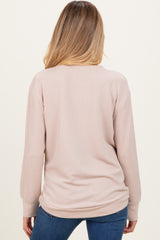 Beige Textured Rib Crew Neck Maternity Long Sleeve