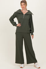 Olive Ribbed Half Zip Pullover Wide Leg Pant Set