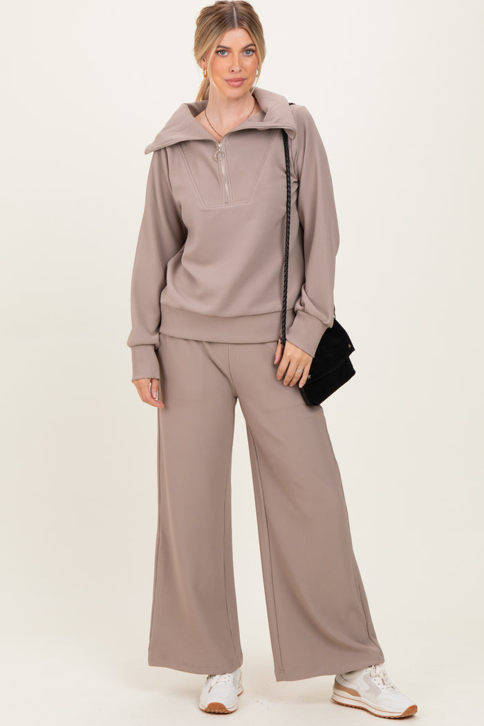 Mocha Ribbed Half Zip Pullover Wide Leg Pant Set