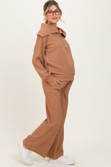 Camel Ribbed Half Zip Pullover Wide Leg Pant Maternity Set