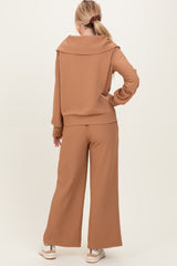 Camel Ribbed Half Zip Pullover Wide Leg Pant Set