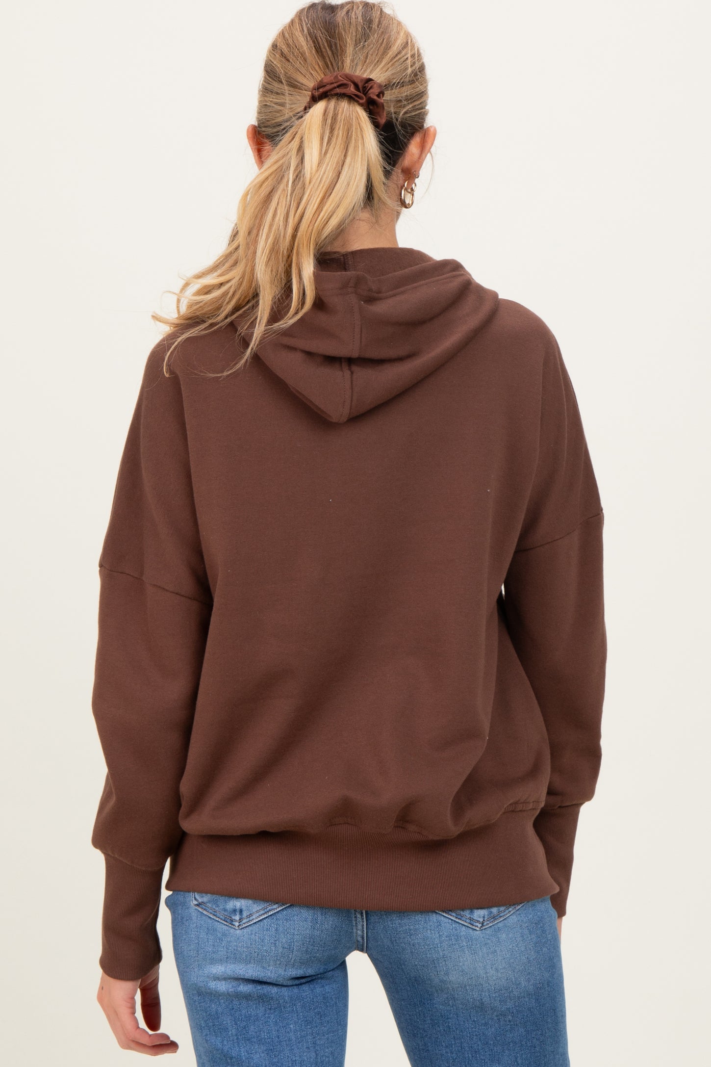 Brown Fleece Snap Button Maternity Hoodie