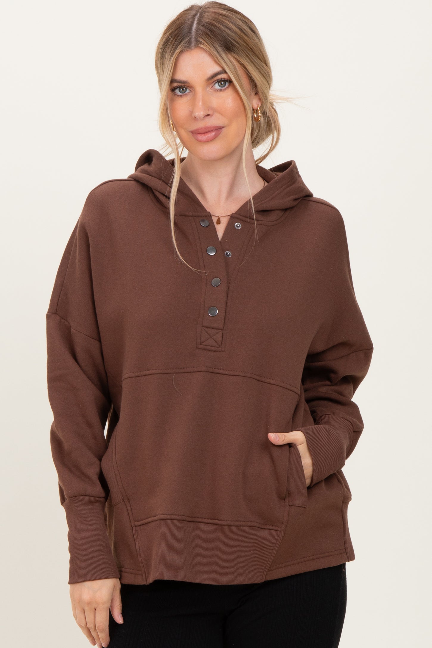 Brown Fleece Snap Button Hoodie