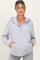 woman wearing a light gray maternity hoodie with a buttoned neck and front pockets