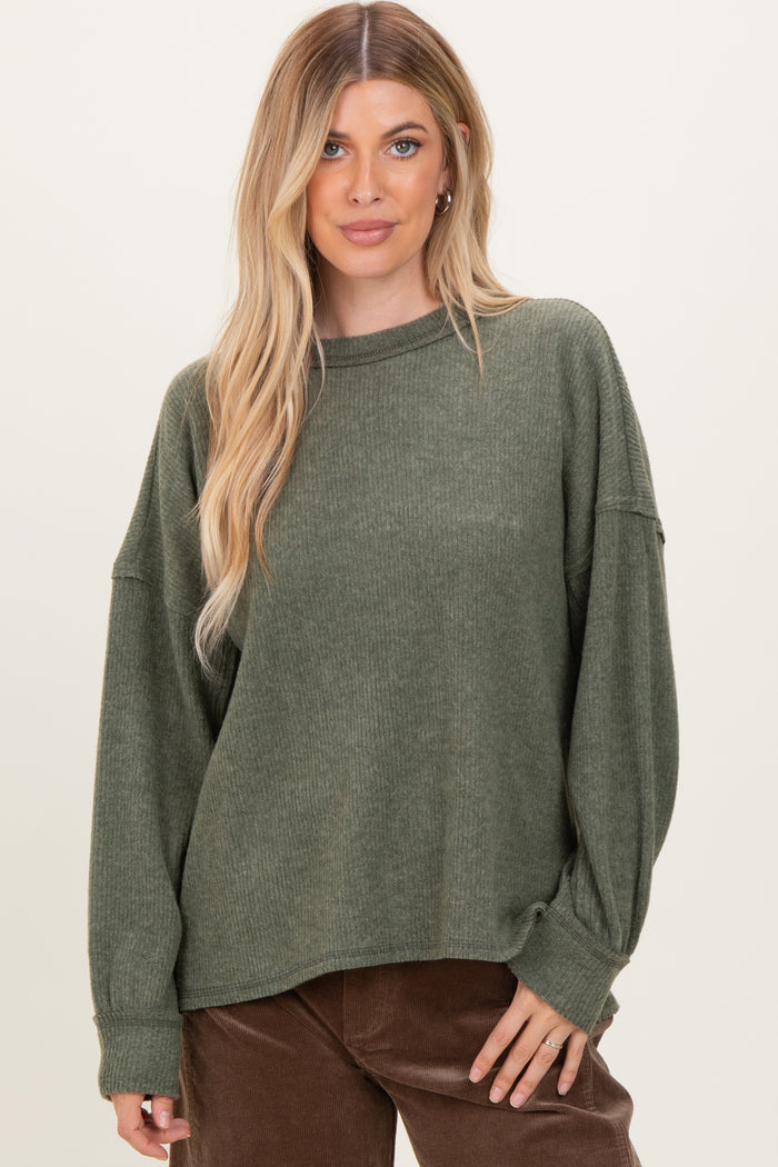 Olive Brushed Ribbed Knit Maternity Pullover